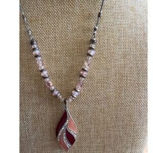 Silver‎ Tone Burgundy Peach Enamel Rhinestone Beaded Teardrop Pendant Necklace